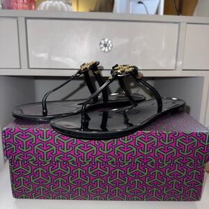 Tory Burch Black Sandals with Gold Emblem